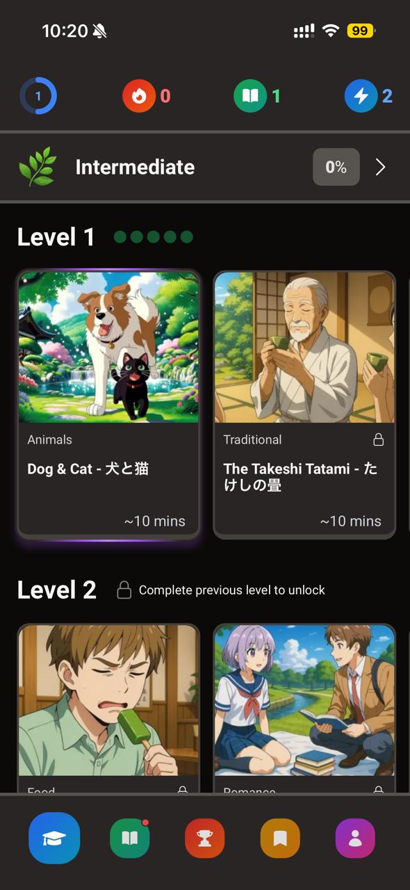 Shinobi Japanese app home showing the profile icon
