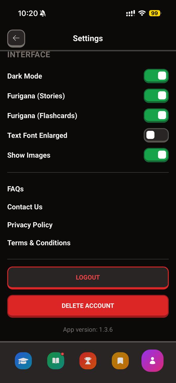 Shinobi Japanese Settings screen showing the Delete Account button